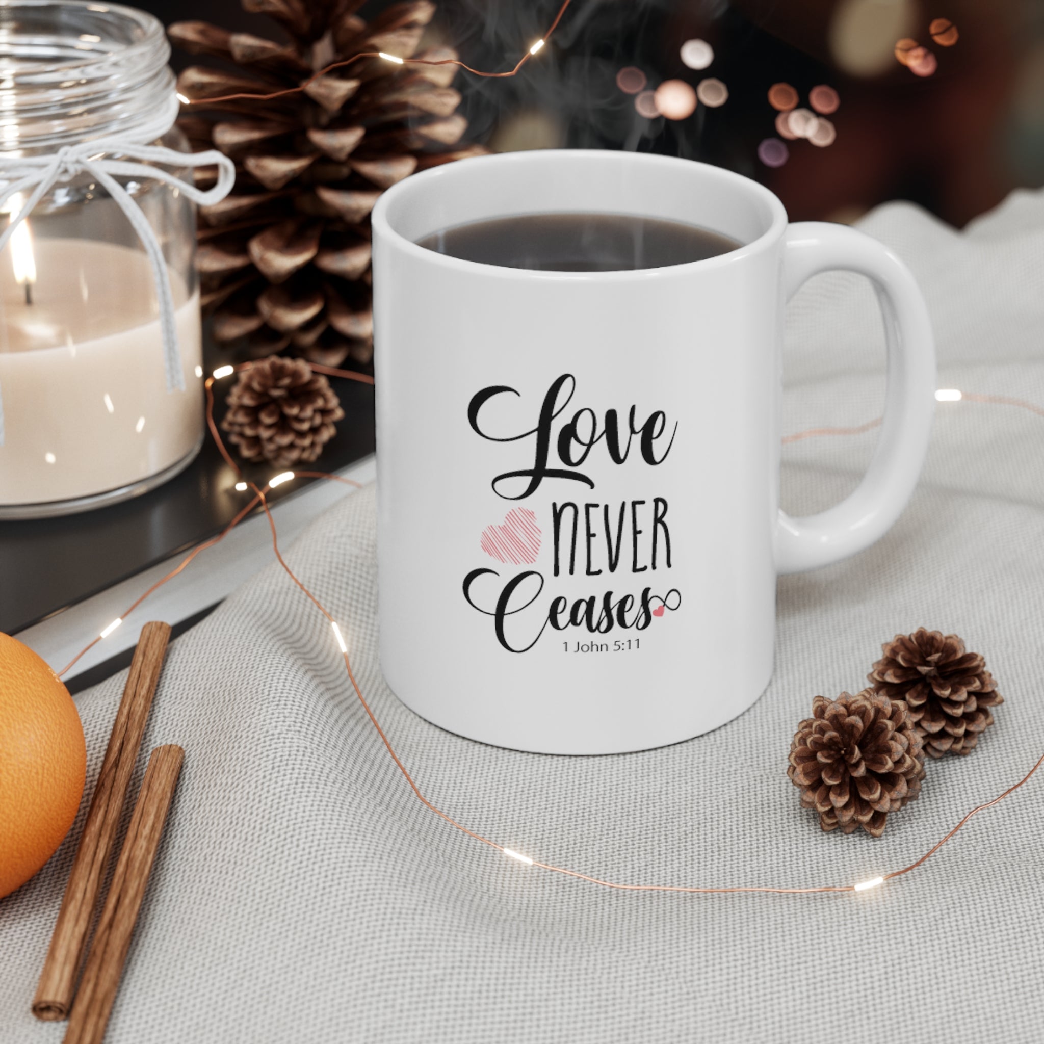 Ceramic Mug 11oz Love never ceases bible verse (eternal life)